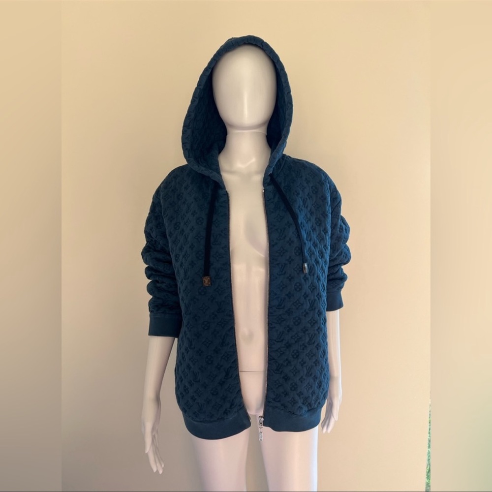 Louis Vuitton blue monogram cotton zip up hooded jacket unisex oversized size M